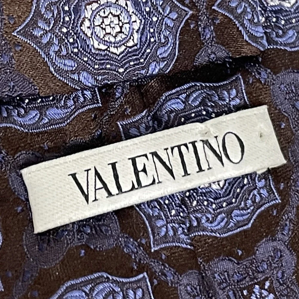 Valentino Designer Italy‎ Silk Blue Brown Geometric Necktie